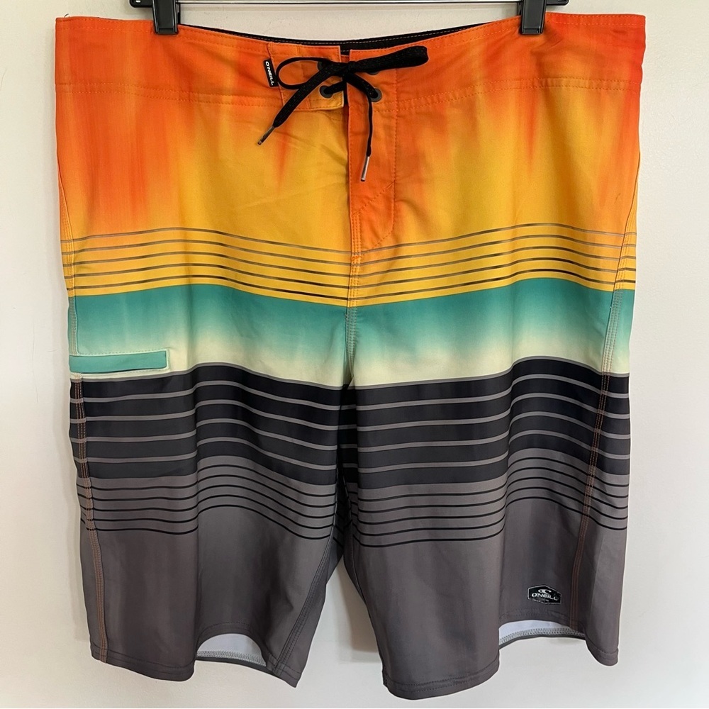 ONeill Hyperfreak Mens Board Shorts Size 36‎ Orange Grey Striped Swim Trunks
